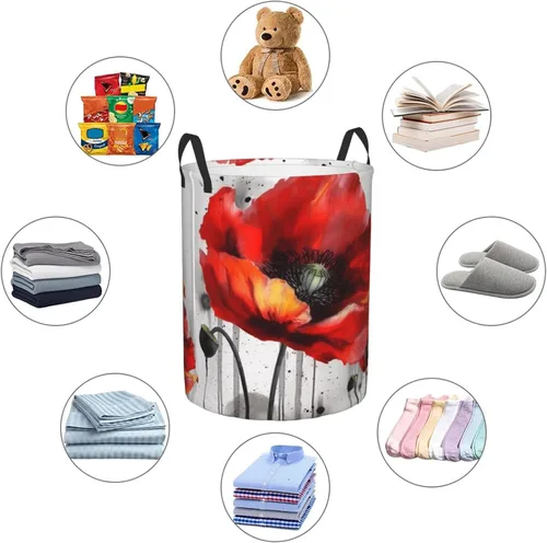 Miniatura 6 de Beautiful Poppy Flower Ink print Circular Hamper Waterproof Storage Bin Organizer Basket Laundry Hamper With Handles For Clothes Toys Medium