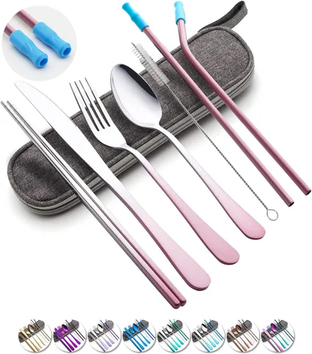 Miniatura 9 de Juego de utensilios de viaje con estuche, juego de cubiertos portátiles reutilizables de acero inoxidable, 8 piezas, incluyendo cuchillo de cena