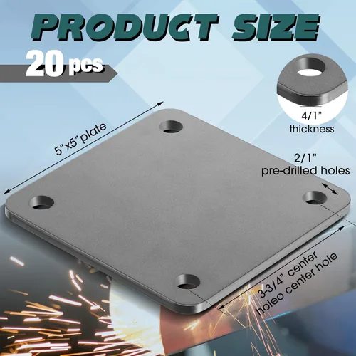 Miniatura 2 de 20 piezas de placa de acero A36, placa base de acero laminada en caliente con 4 agujeros de 3/8 pulgada de diámetro, 3/16 pulgada de espesor, lámina