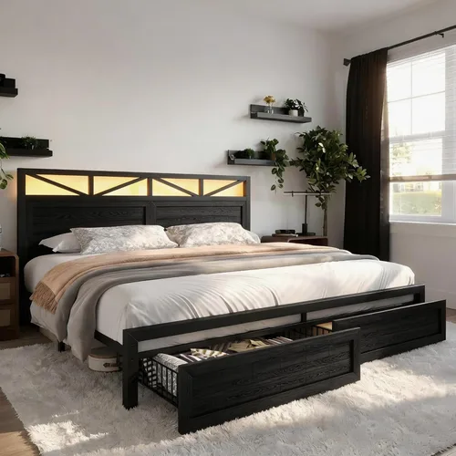 Miniatura 3 de EnHomee Marco de cama King de metal con 2 cajones de almacenamiento, cabecera de madera con iluminación LED y estación de carga, dormitorio, Negro