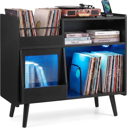 Giantex Large Record Player Stand with LED Light, Mid Century Modern Turntable Stand w/Sliding Door, Charging Station & Plastic Leg, Record Player
