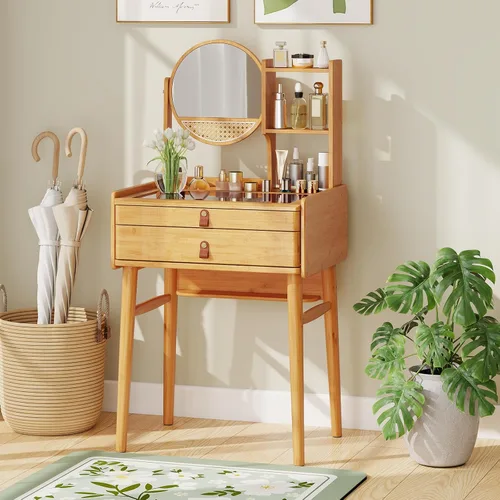 Miniatura 2 de Escritorio de tocador bohemio con espejo, mesa de tocador de maquillaje de bambú con 2 cajones de almacenamiento, estantes de gabinete y mesa