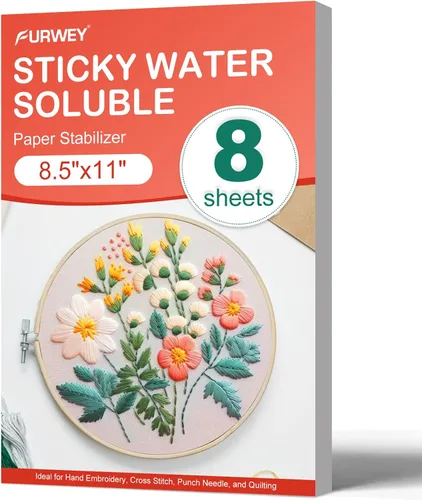 FURWEY 8 piezas 8.5"x11" Estabilizador de bordado soluble en agua adhesivo, papel imprimible que se disuelve al lavar, permite imprimir o dibujar