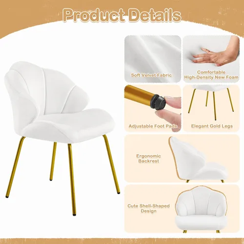 Miniatura 6 de Yaheetech Silla de tocador, silla decorativa de terciopelo con respaldo en forma de concha, sillón moderno con patas de metal dorado para Blanco