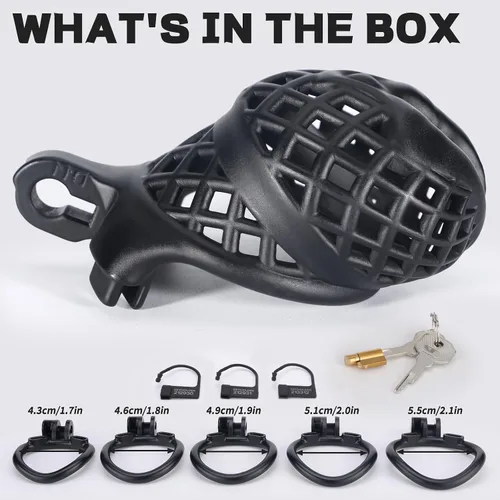 Miniatura 7 de Jaula de castidad masculina, dispositivo de castidad pequeño con anillos de 5 tamaños y sonido uretral para hombre, equipo de bondage,