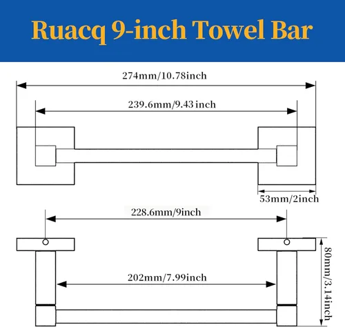 Miniatura 7 de RUACQ Toallero de mano, barra de toalla de mano de 9 pulgadas para baño montado en la pared, toallero de acero inoxidable 304 con base cuadrada