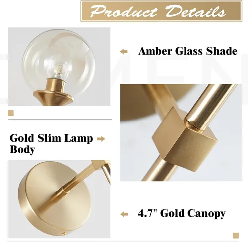 Miniatura 3 de KCO Lighting - Aplique de pared montado en la pared de latón cepillado dorado, lámpara de pared moderna de mediados de siglo, lámpara de pared Oro +