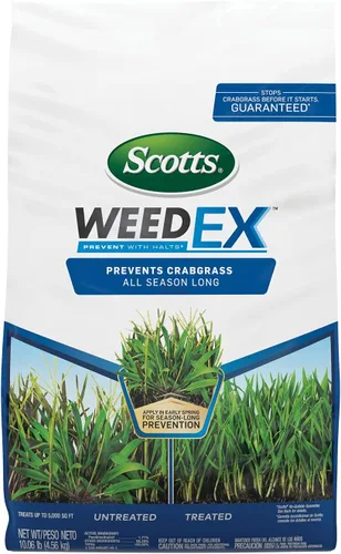Scotts WeedEx Prevent con HALTS, preventor de garranchuelo, asesino de malezas herbáceas pre-emergente, 5,000 pies cuadrados, 10.06 lbs.