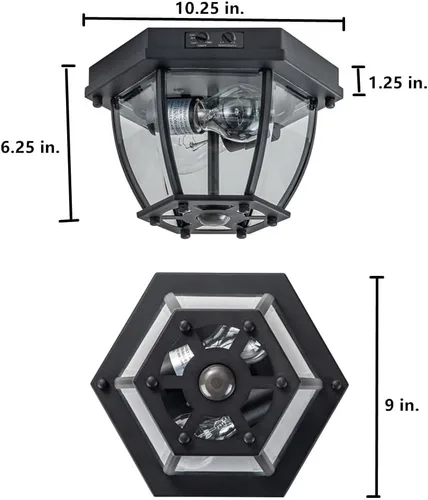 Miniatura 6 de Lámpara de techo empotrada con sensor de movimiento, 2 luces de porche al aire libre, montaje en techo, impermeable, negro mate, lámpara de techo