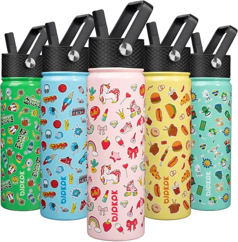 Miniatura 44 de BJPKPK Botella de agua aislada con tapa con pajilla, bonitas botellas de agua de 15 onzas, termo de metal de acero inoxidable, vasos reutilizables
