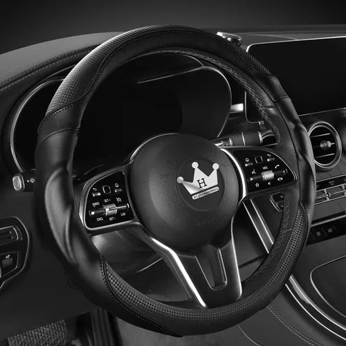 Miniatura 2 de HighnessHwoo Funda 3D para volante de automóvil, agarre cómodo, masaje deportivo, antideslizante, de fibra de carbono, piel sintética para sedán