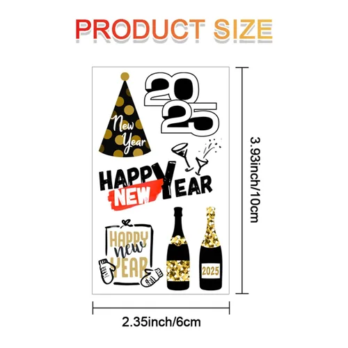 Miniatura 5 de 65 piezas de suministros para fiesta de Año Nuevo, 12 hojas de calcomanías de tatuajes temporales, decoraciones de feliz año nuevo, decoración NYE