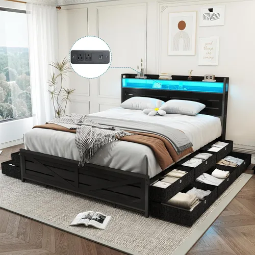 Miniatura 9 de Kiivakii Base de cama Queen con cabecero, base de cama de plataforma LED con 4 cajones de almacenamiento, estación de carga integrada, sin ruido