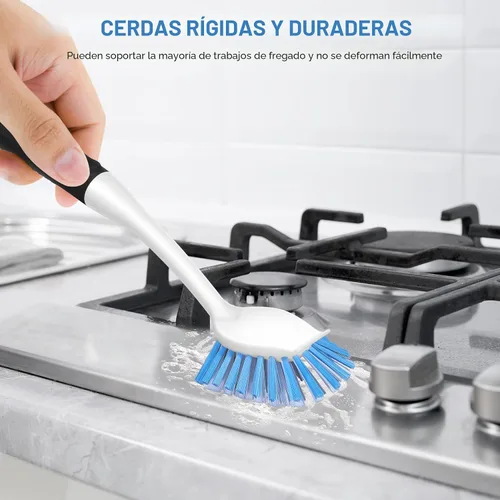 Miniatura 4 de SetSail Cepillo de platos con asa, paquete de 2 cepillos de cerdas rígidas con raspador integrado para limpiar platos, ollas y sartenes, fregadero