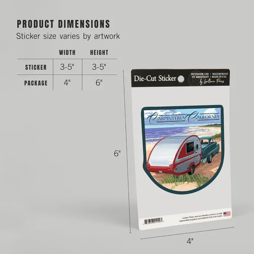 Miniatura 5 de Adhesivo troquelado Carpinteria, California, Retro Camper on Beach, vinilo adhesivo de contorno de 3 a 6 pulgadas