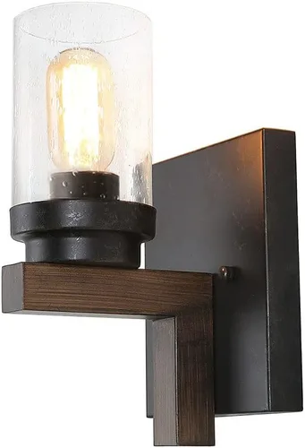 Aplique de pared rústico con vidrio sembrado, lámpara de pared de granja para montaje en pared negro (Black 2 Lights)