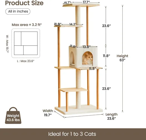 Miniatura 8 de MWPO Árbol moderno para gatos, torre de madera de lujo para gatos de interior, perchas grandes con cojines suaves, condominio para gatos grandes