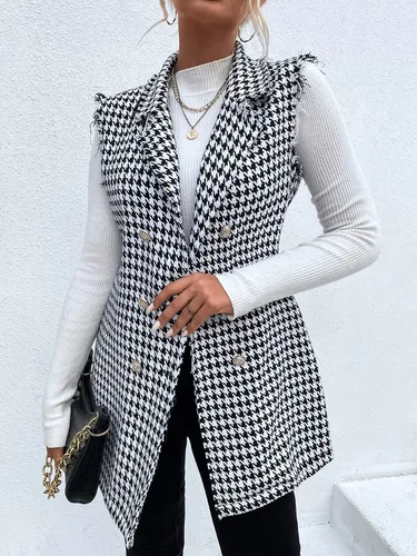 Miniatura 4 de WDIRARA Chaqueta larga con estampado de pata de gallo para mujer, sin mangas, con solapa, ribete sin procesar, con botones en la parte delantera