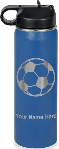 Miniatura 29 de LaserGram Botella de agua personalizada, pelota de fútbol, acero inoxidable de doble pared aislada al vacío con popote superior, regalo grabado