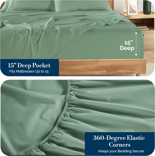Miniatura 3 de Casa Platino Sábanas de cama individual XL, sábanas de 100 % algodón con 2 fundas de almohada, tejido percal crujiente y sensación acogedora, verde