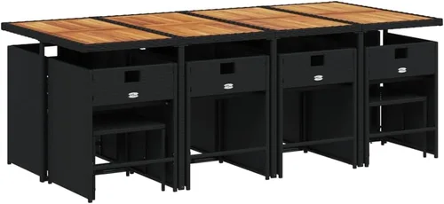 Miniatura 3 de 9 Piece Patio Dining Set Outdoor Furniture PE Rattan & Acacia Wood Black Rectangular Modern Design for Garden, Terrace, and Balcony
