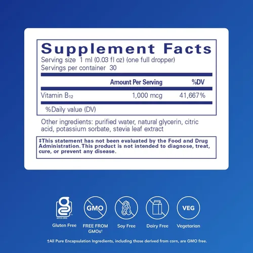 Miniatura 2 de Líquido B12, Metilcobalamina Hipoalergénica líquida de Pure Encapsulations, 1.0 onzas