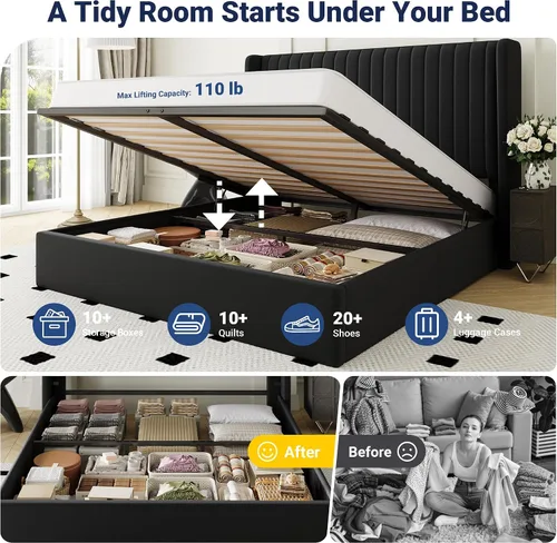 Miniatura 3 de Allewie Marco de cama de almacenamiento elevable, sistema de soporte hidráulico, marco de cama tapizado con plataforma para almacenamiento inferior