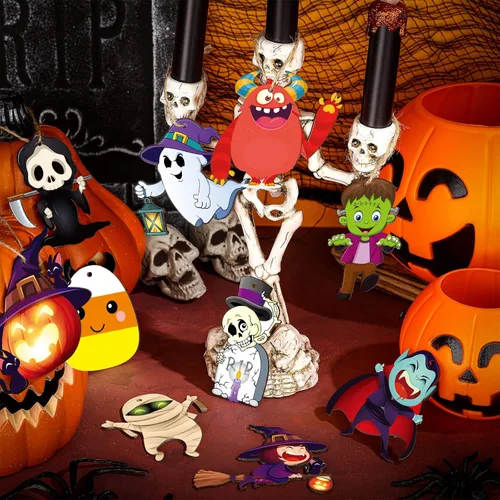 Miniatura 2 de Gerrii 40 adornos de Halloween de madera para decoración de árbol de Halloween, calabaza, fantasma, bruja, esqueleto, mini adornos colgantes