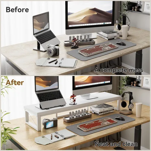 Miniatura 6 de IBUYKE Soporte elevador grande para monitor doble para 2 monitores, soporte de madera para monitor de computadora de escritorio, estante de Blanco