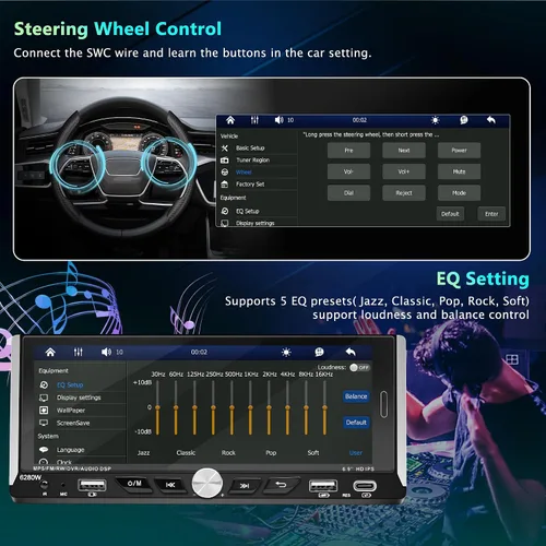 Miniatura 5 de Pantalla táctil de 6.9 pulgadas, radio estéreo para automóvil con Bluetooth, reproductor de unidad principal compatible con enlace de espejo, radio