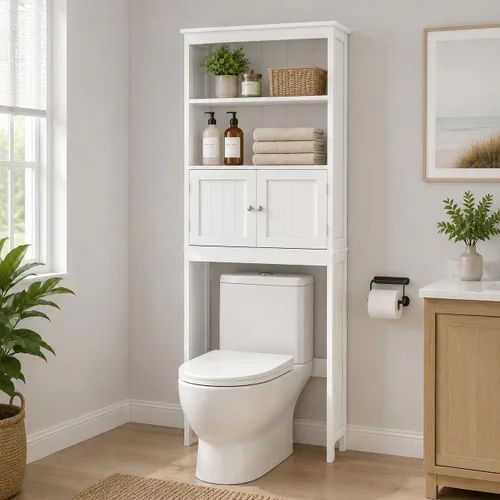 Estantes de baño sobre el inodoro con 2 puertas de madera sobre el inodoro, organizador de baño independiente sobre el inodoro, color blanco