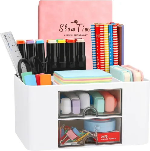 Miniatura 8 de Organizador de escritorio creativo y simple, 7 rejillas, organizador de mesa de plástico con cajón, organizador de escritorio multifuncional, Azul