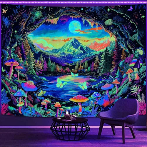 Miniatura 17 de Zussun Tapiz de hongo rojo, tapices de luna y estrella para dormitorio, estética de color beige, noche estrellada, planta verde, tapiz de pared