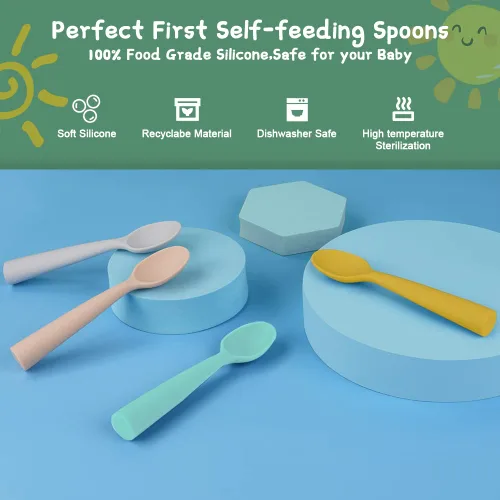Miniatura 3 de Vicloon Cucharas de silicona para bebés – 4 piezas de primera etapa para bebés, ultra duraderas y a prueba de masticación, utensilios para bebés