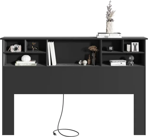 Miniatura 3 de Cabecero Queen/Full Solo para Dormitorio, Elegante Cabecero con Estantería con Estación de Carga y 2 Luces LED, Cabeceros de Madera Procesada