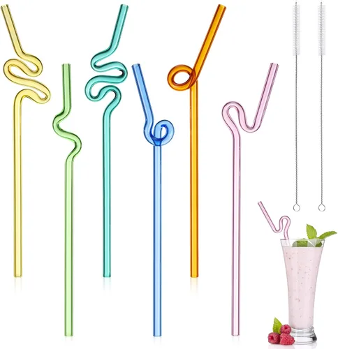 Miniatura 7 de Yinkin 6 popotes de vidrio ondulado, reutilizables, curvos, tontos, resistentes a los golpes con 2 cepillos de limpieza, popotes de vidrio
