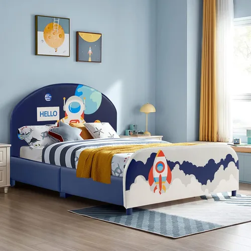 Costzon Armazones de Cama Individual para Niños, Plataforma de Cama Individual Tapizada de Madera con Soporte de Listones, Cabecera y Pie de Cama