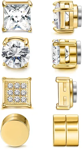 Jstyle 4 pares de pendientes magnéticos de acero inoxidable para hombres y mujeres con circonita cúbica dorada, sin perforación, juego de 0.236