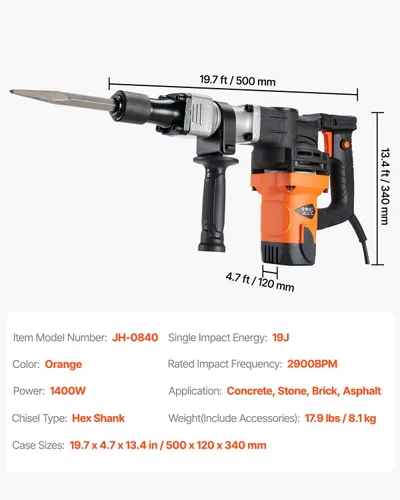 Miniatura 8 de VEVOR Martillo de demolición Jack Hammer, MAX 1400W Martillo eléctrico de alta resistencia, rompedor de concreto 2900 BPM 2 piezas de cinceles
