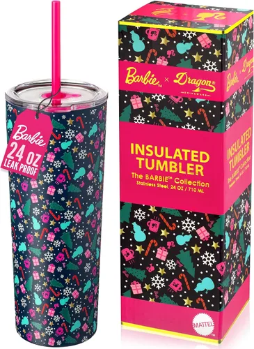 Dragon Glassware x Barbie - Taza aislada de acero inoxidable de 24 oz con tapa y 2 popotes - Taza de viaje festiva para café con temática navideña