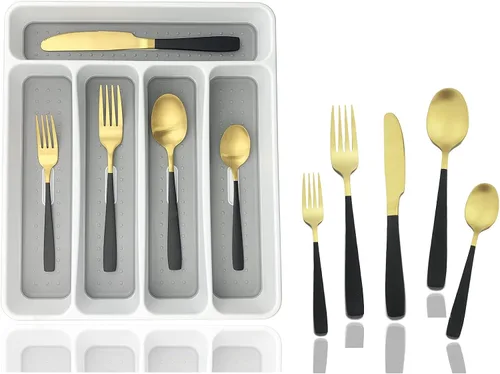 Miniatura 17 de JASHII - Juego de cubiertos con bandeja, 20 piezas de acero inoxidable cuadrado cubiertos servicio para 4, acabado mate, utensilios de alimentación