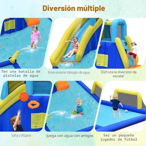 Miniatura 2 de HONEY JOY Tobogán acuático inflable, parque acuático gigante con porterías de fútbol para exteriores, piscina, escalada, toboganes acuáticos