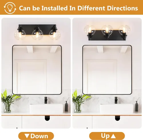 Miniatura 5 de LmnLvn Lámparas de baño, 3 luces de tocador de color negro mate, modernas lámparas de baño sobre espejo, luces de tocador de granja con pantalla