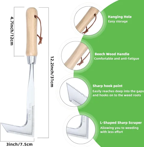 Miniatura 6 de Desbrozadora de grietas, herramienta de deshierbe de acero inoxidable, espátula extractor de malezas en forma de L, desbrozadora manual eficiente