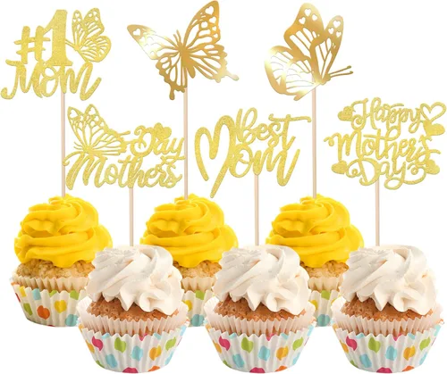 Miniatura 10 de Rsstarxi Paquete de 30 adornos dorados para cupcakes para el Día de la Madre con purpurina para el Día de la Madre, la mejor mamá del mundo