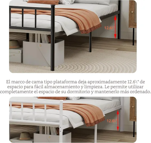Miniatura 5 de Base de cama individual de metal con cabecero, listones de acero resistente, no necesita somier, fácil montaje, color negro