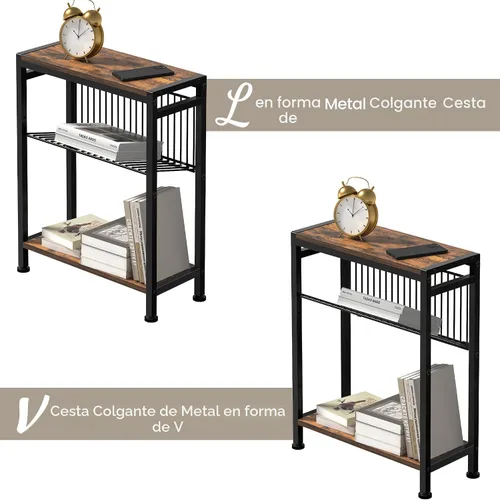 Miniatura 7 de Mesa auxiliar pequeña para espacios pequeños, mesa auxiliar estrecha de 3 niveles con soporte para revistas, mesita de noche delgada, mesa de Marrón