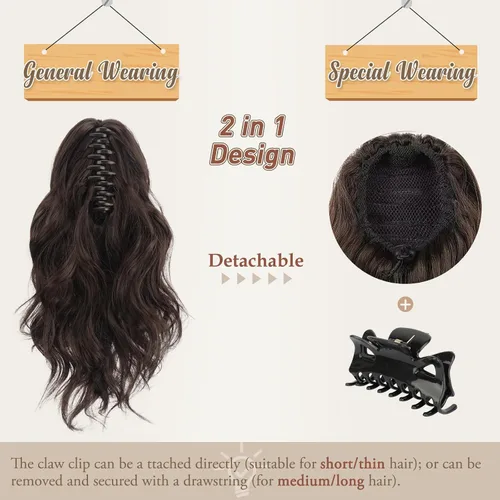Miniatura 4 de BARSDAR Extensiones de cola de caballo con clip de garra, extensiones de cabello corto ondulado negro de 14 pulgadas para mujer, extensiones