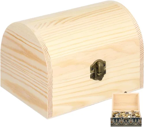 Cofre del tesoro de 6.0 pulgadas, caja de almacenamiento con diseño de arco con hebilla segura, madera natural en blanco para pintar, almacenamiento