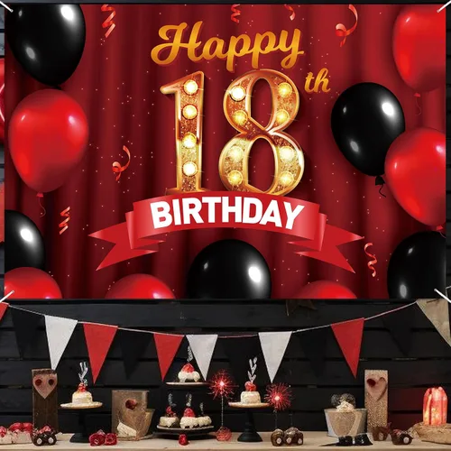 Miniatura 6 de Cartel rojo de feliz cumpleaños 18 años, telón de fondo dorado con globos rojos y negros, decoración temática para niñas y mujeres, princesa de 18
